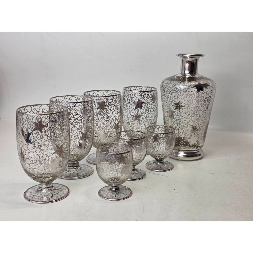 Vintage Saint Graal Silver Overlay Crystal Decanter & Glasses Cosmic Star France